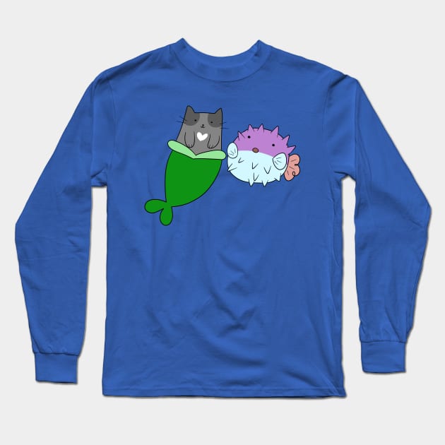 Mermaid Cat and Puffer Fish Long Sleeve T-Shirt by saradaboru